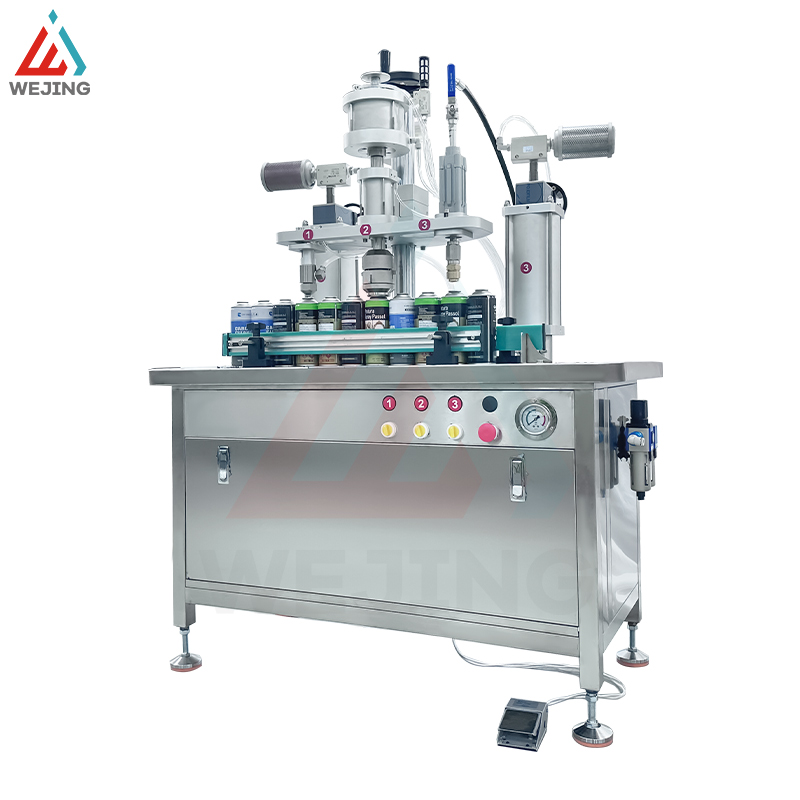 Tres en una máquina de llenado de aerosol semiautomática