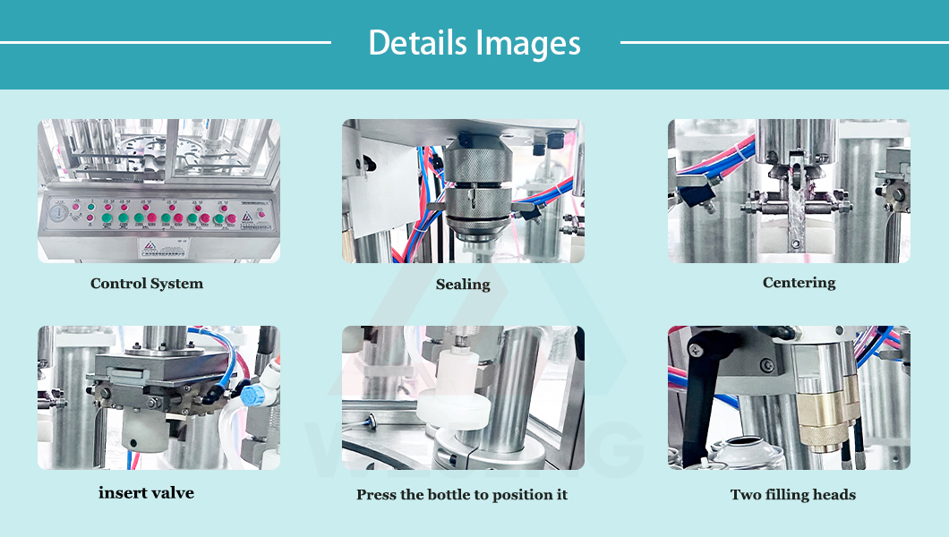 M&aacute;quina llenadora de aerosoles con v&aacute;lvula de inserci&oacute;n.